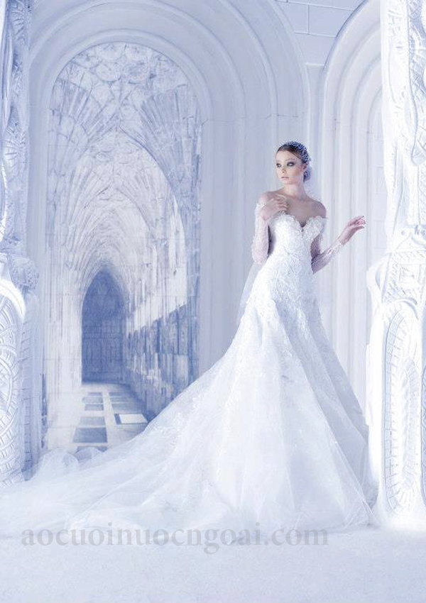 ao cuoi chu a cúp ngực tay lỡ đính kết lộng lẫy 