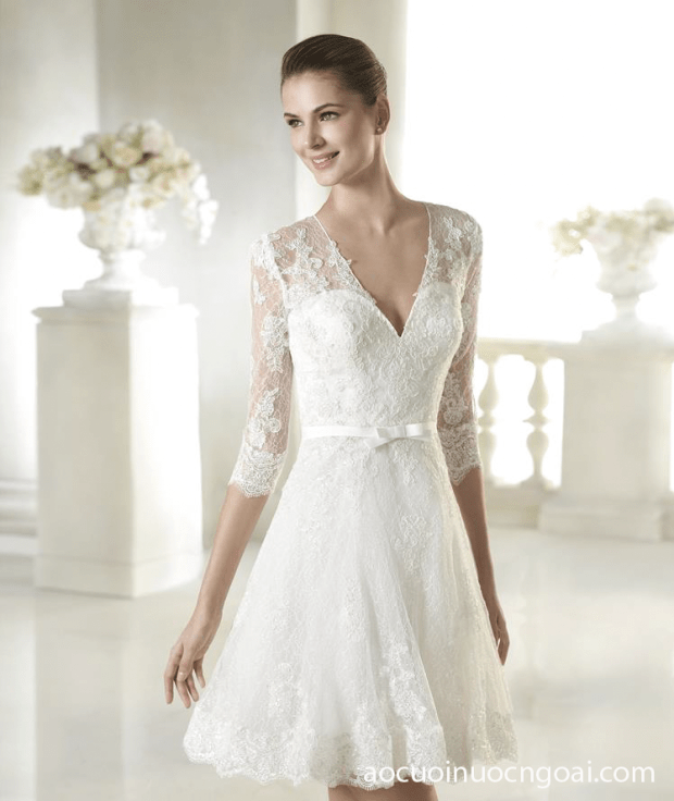 ao cuoi ngan tay lung co v dap ren nu tinh 