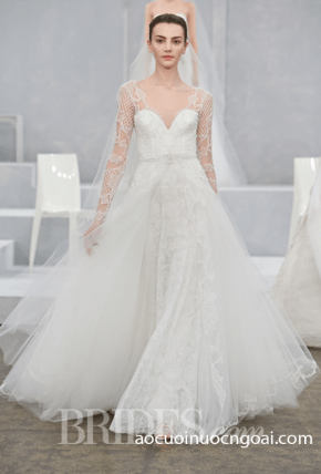 ao cuoi tung a xoe co v tay dai dap ren sang trong