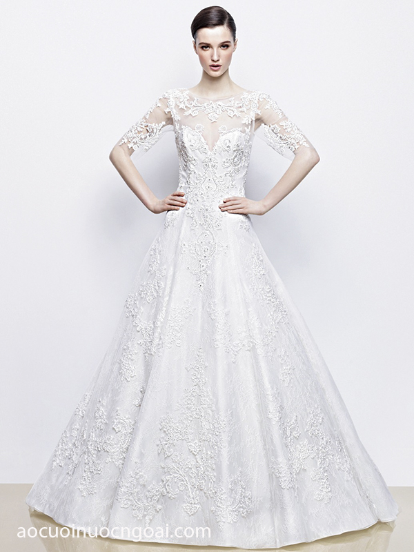 ao cuoi xoe chu a tay lo dinh ren tren luoi trong suot 