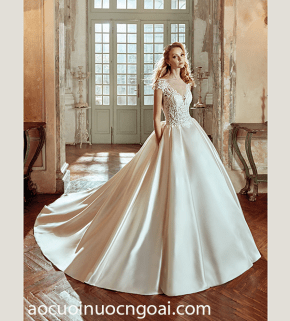 ao cuoi cong chua tung satin cup tim