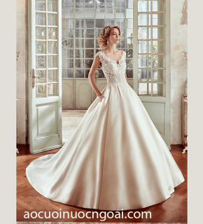 ao cuoi cong chua tung satin cup tim