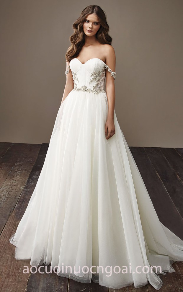 váy cưới trễ vai Badgley Mischka 2018 Beverly may áo cưới đẹp tp hcm sài gòn meera meera bridal