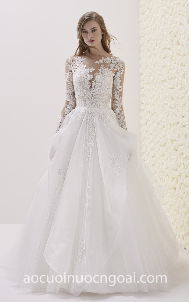 vay cuoi cong chua ren xep tang Pronovias 2019 ELMINA