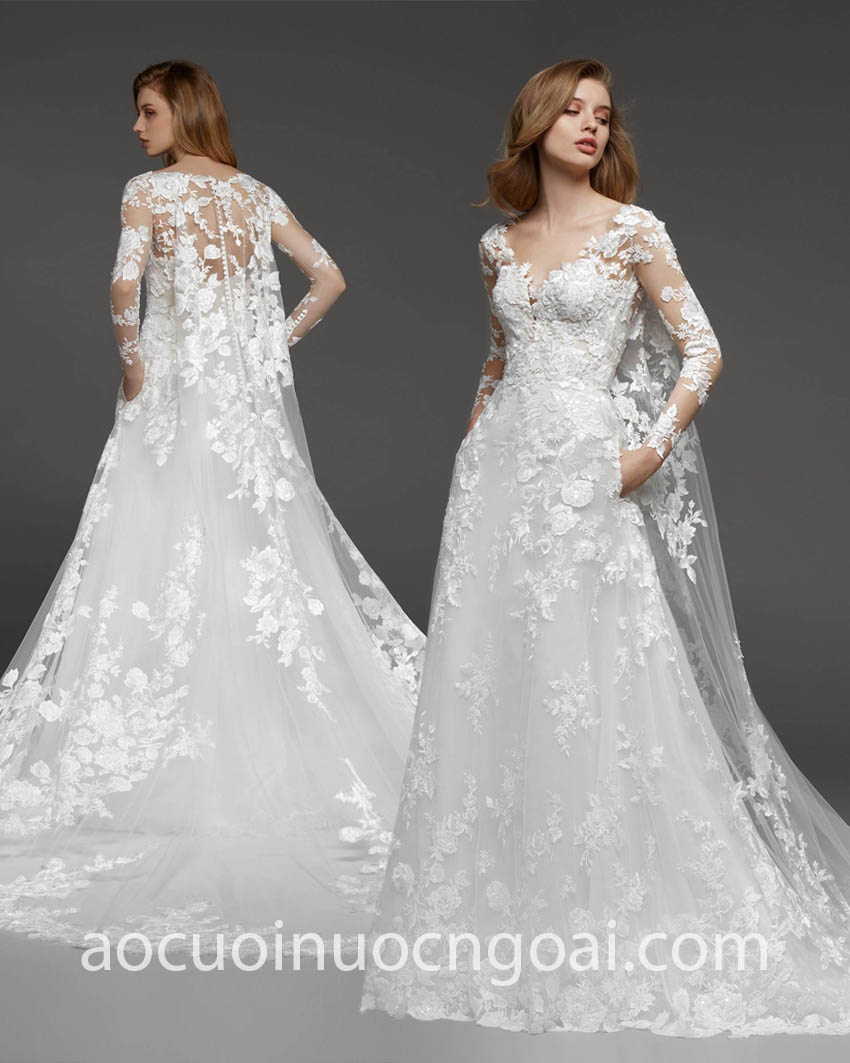 xu hướng váy cưới cape thêu ren lên ngôi