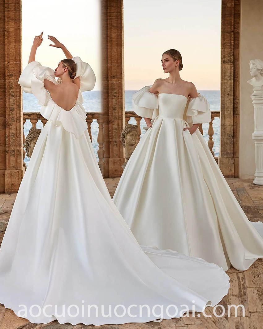 thiết kế áo cưới chữ a phối áo choàng xếp bèo