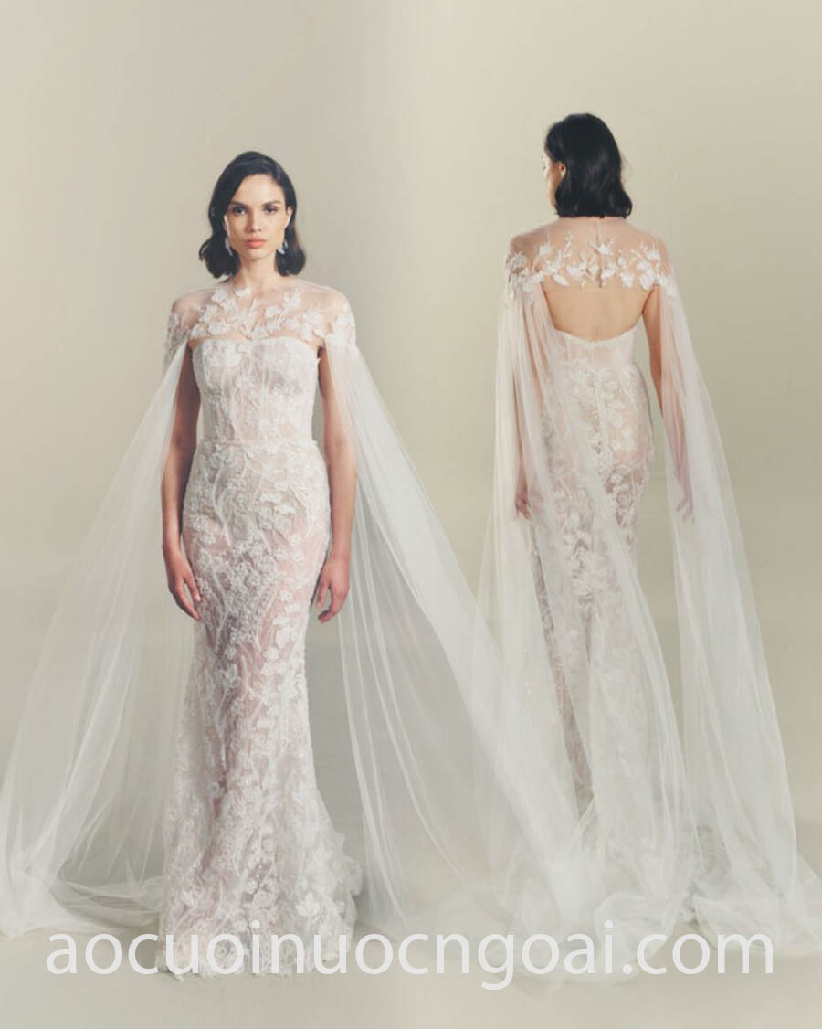 lace cape sleeve wedding gown