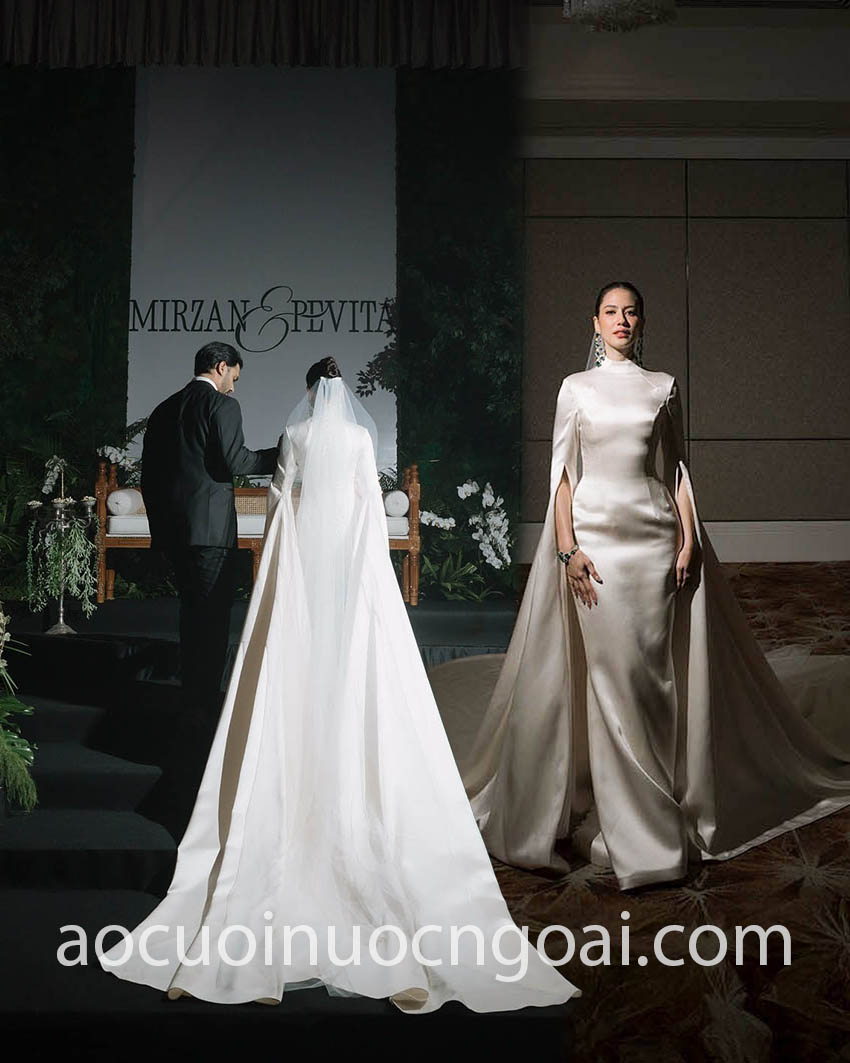 váy cưới tay cape chất liệu satin lộng lẫy
