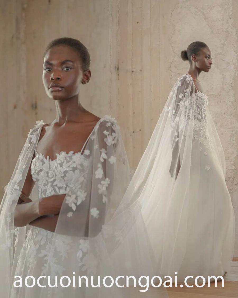 floral applique sheer cape wedding dress design