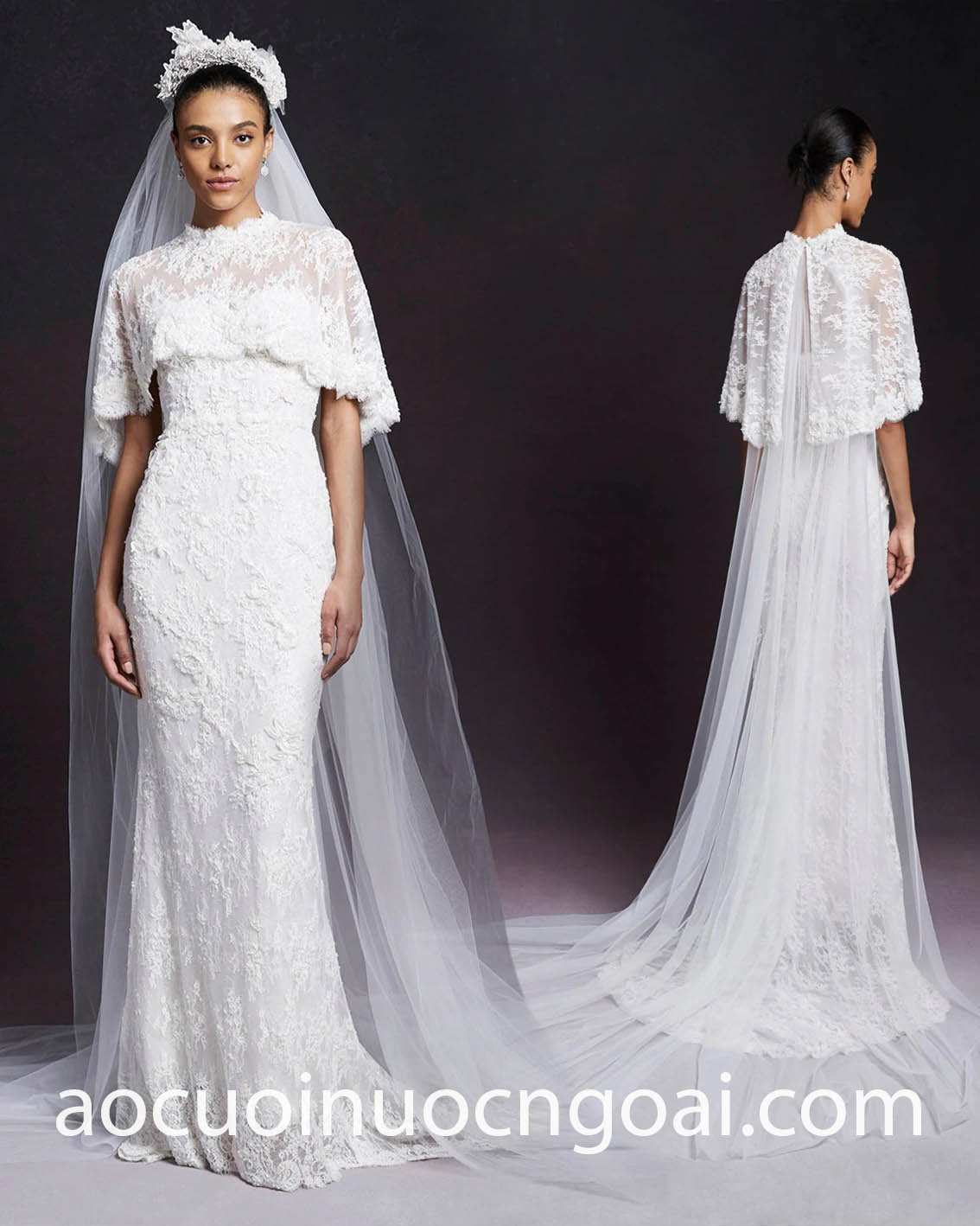 lace mermaid wedding dress pairs with convertible capelet
