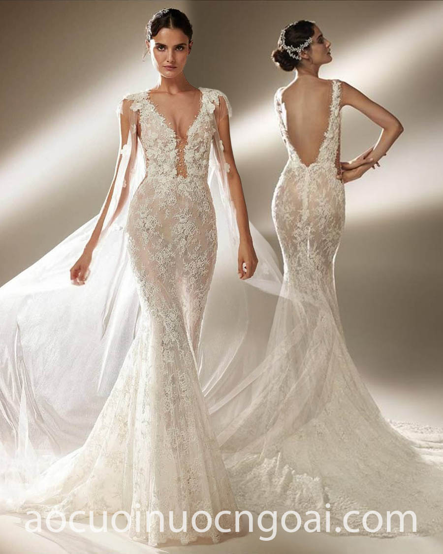 airy and illusion sheer cape wedding dress