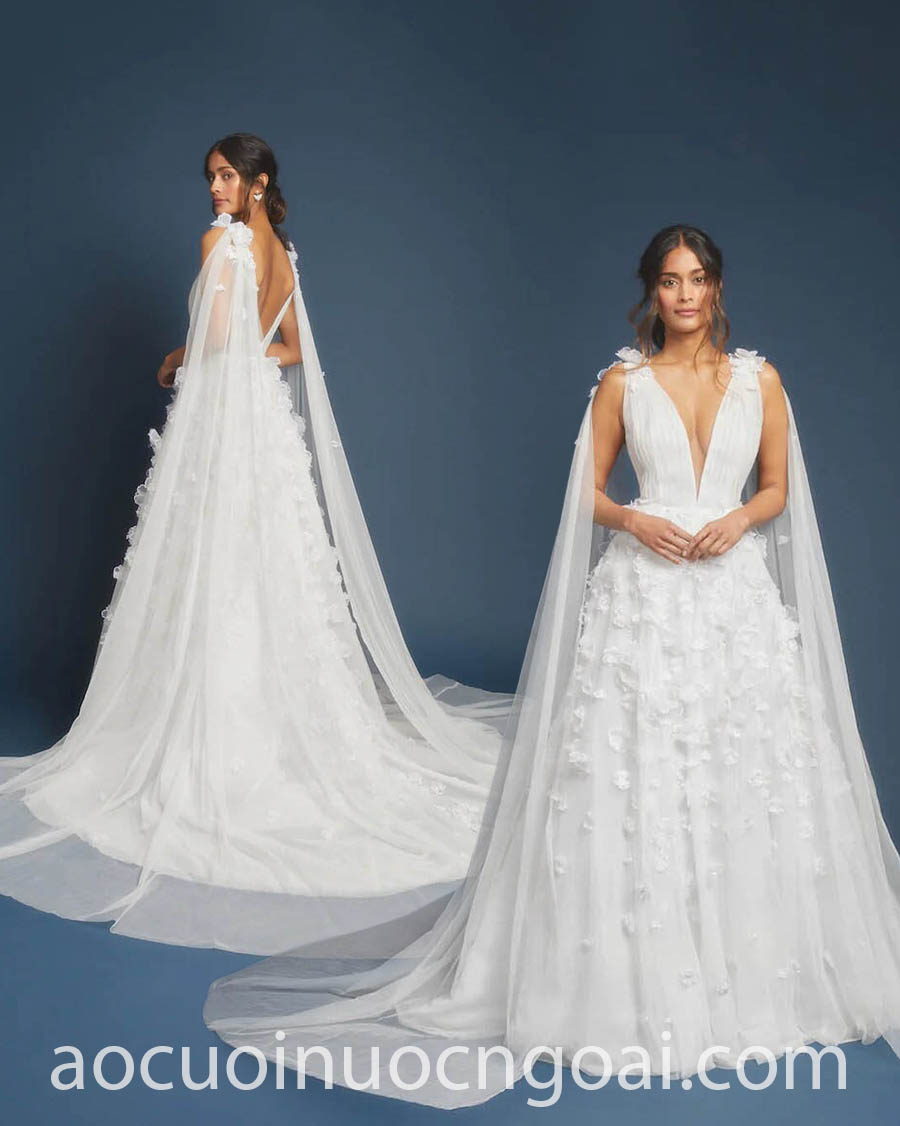 3D floral applique cape wedding gown