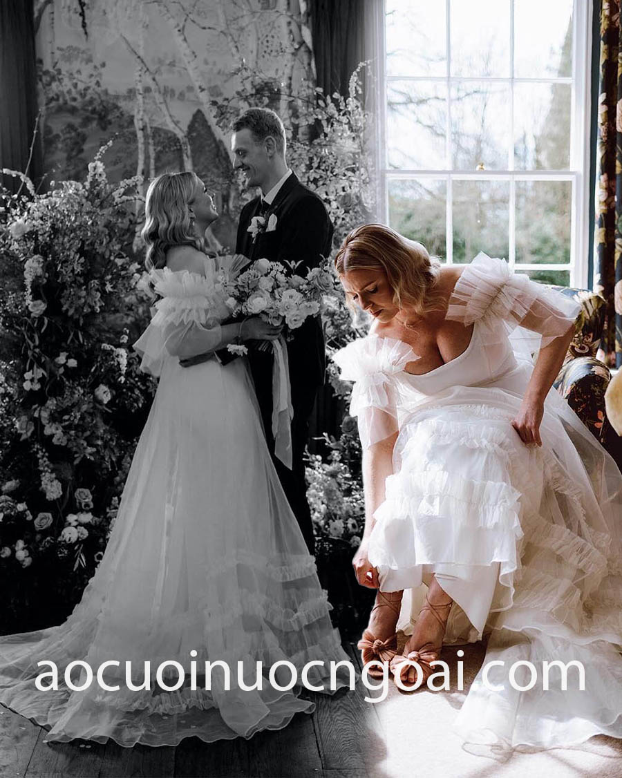 ruffled cape wedding dress