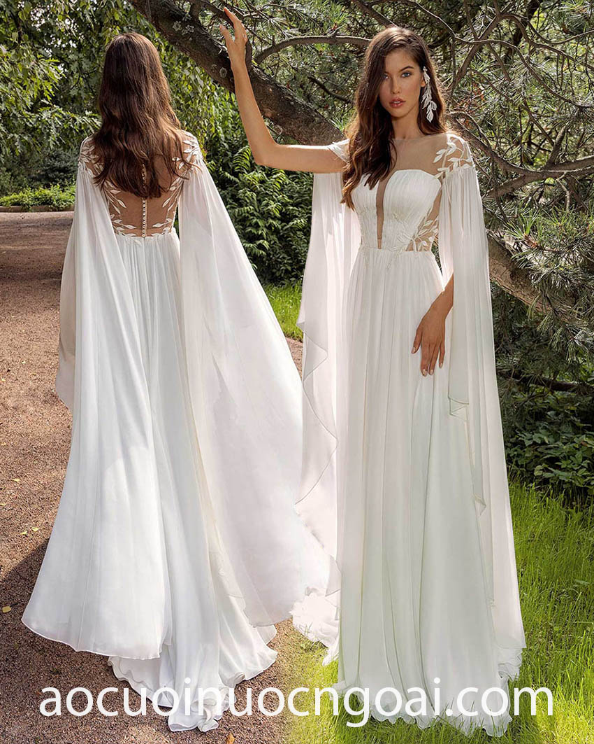 áo cưới có tay áo choàng nhẹ nhàng bay bổng