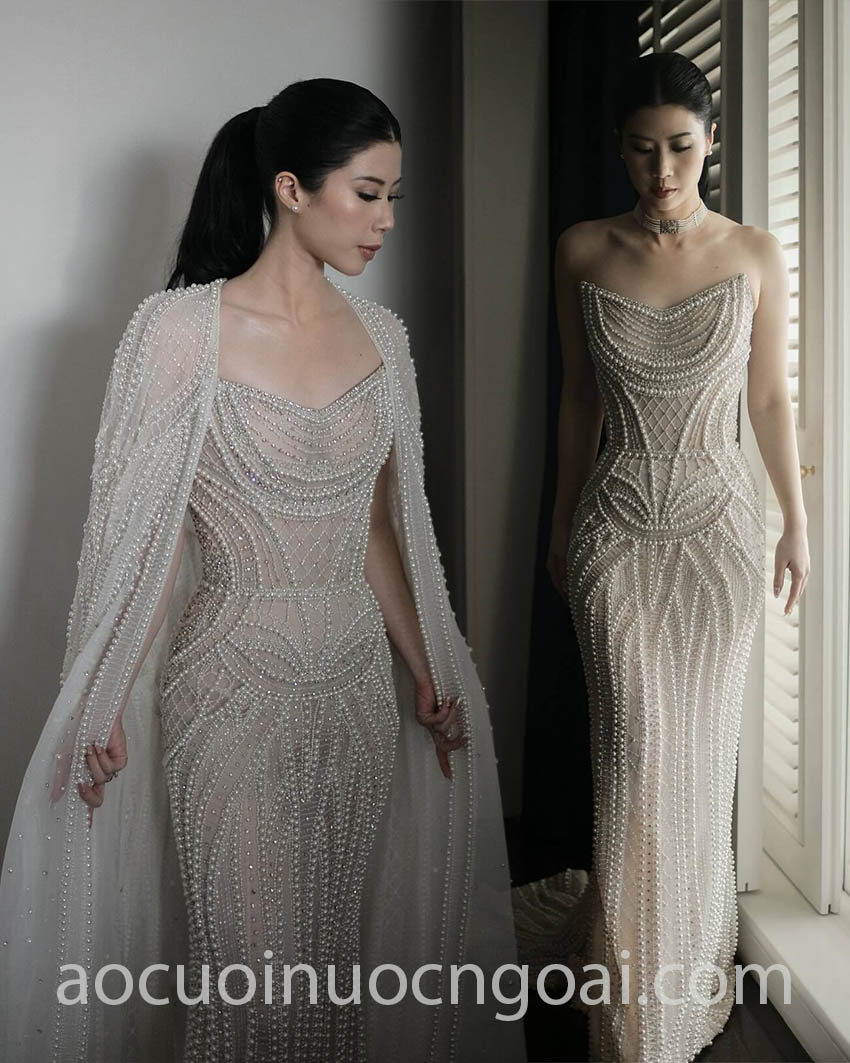 thiết kế cưới đuôi cá phối áo choàng đính kết hạt ngọc trai