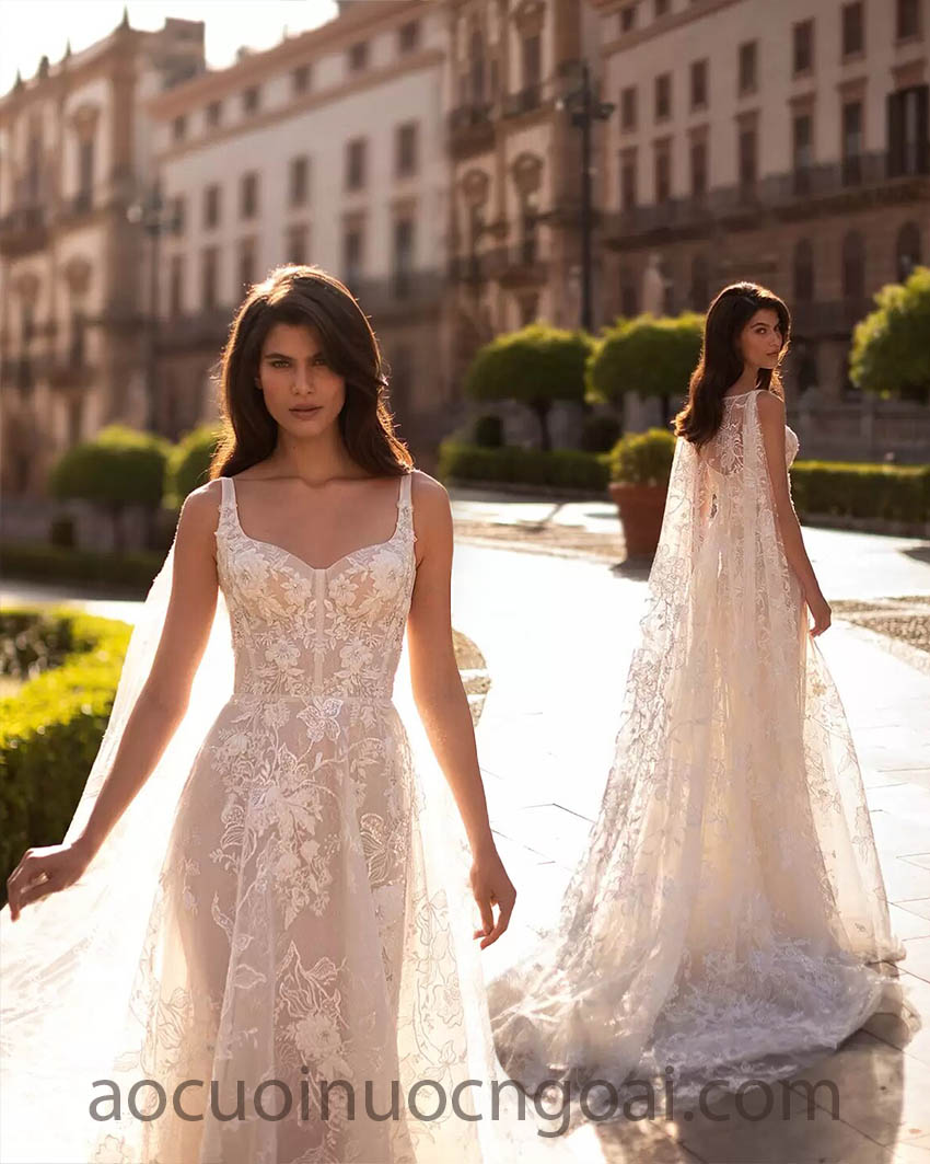 mẫu áo cưới cape thêu ren