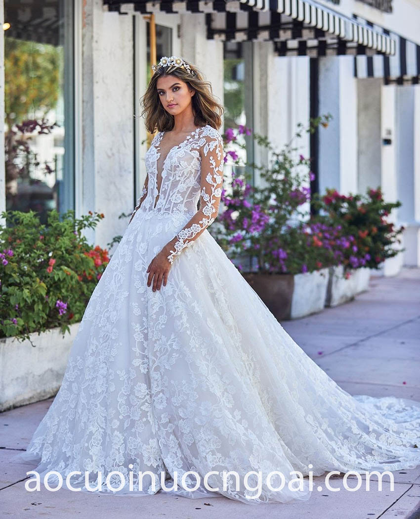 lace long sleeve drop waist wedding dress