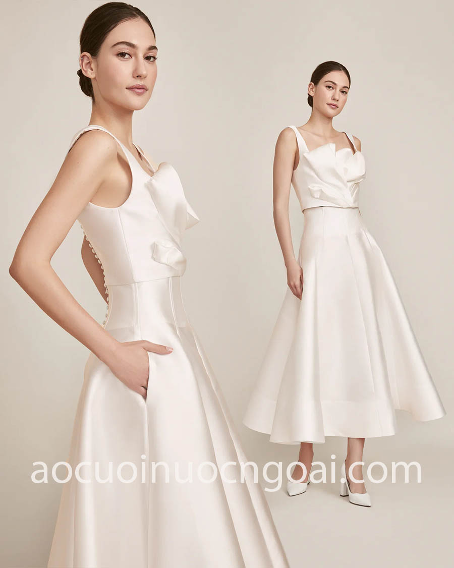 váy cưới tea length hạ eo có túi