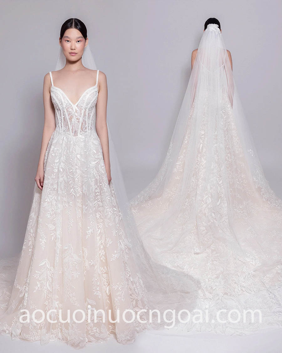 váy cưới 2 dây thân corset hạ eo phối ren