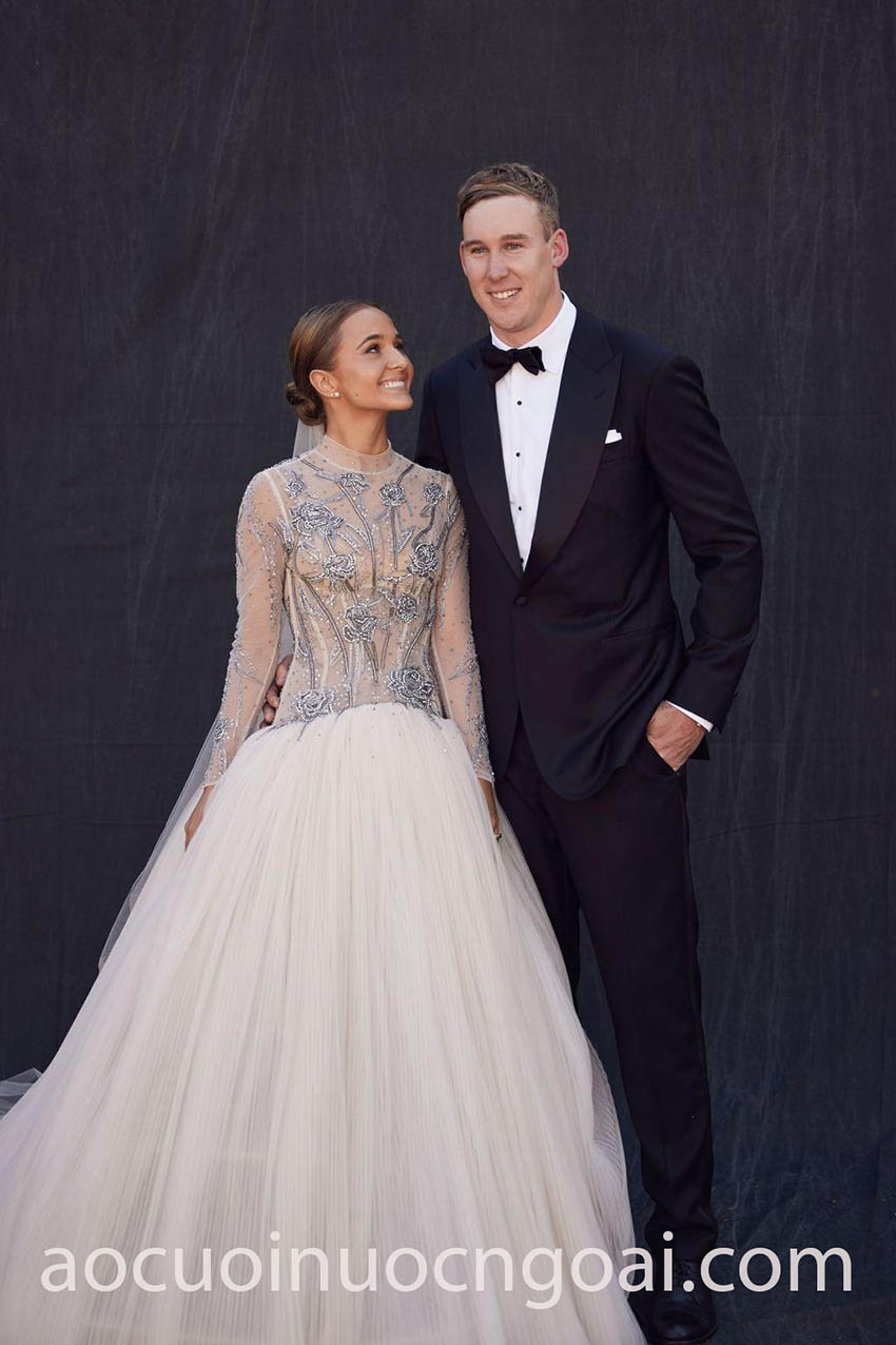 rosette drop waist wedding gown