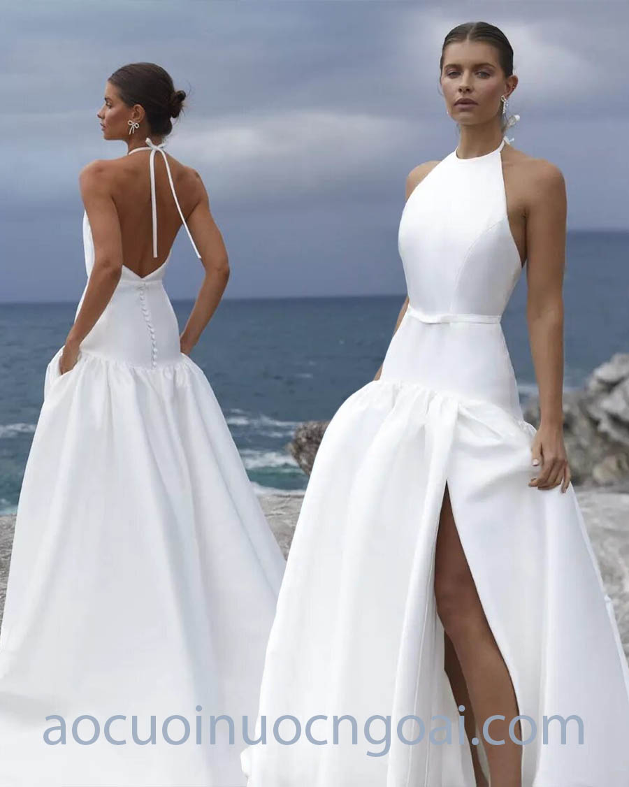 áo cưới hạ eo cổ yếm hở lưng hiện đại